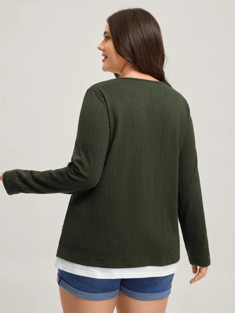 Textured Spliced Round Neck Solid T-Shirt