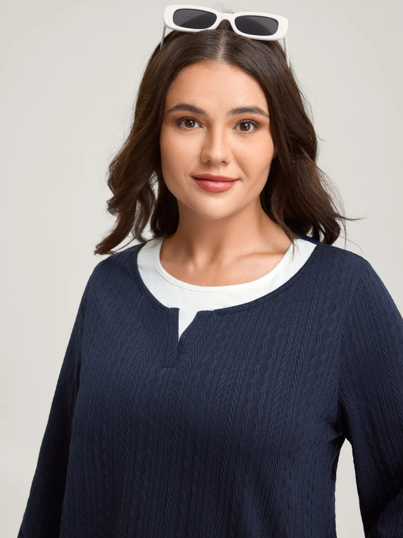 Textured Spliced Round Neck Solid T-Shirt