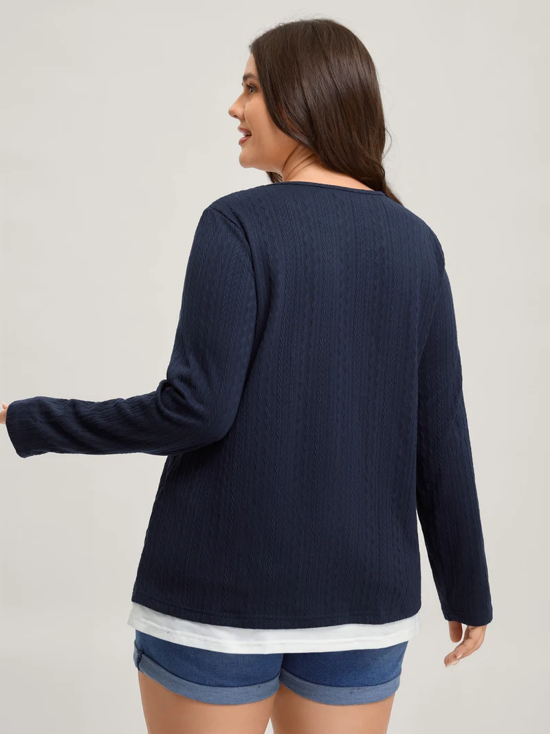Textured Spliced Round Neck Solid T-Shirt