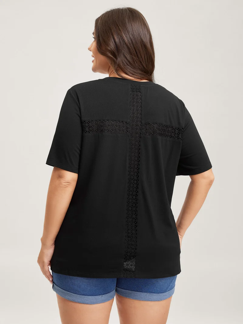 Lace Ribbon V-Neck Relaxed Fit T-Shirt