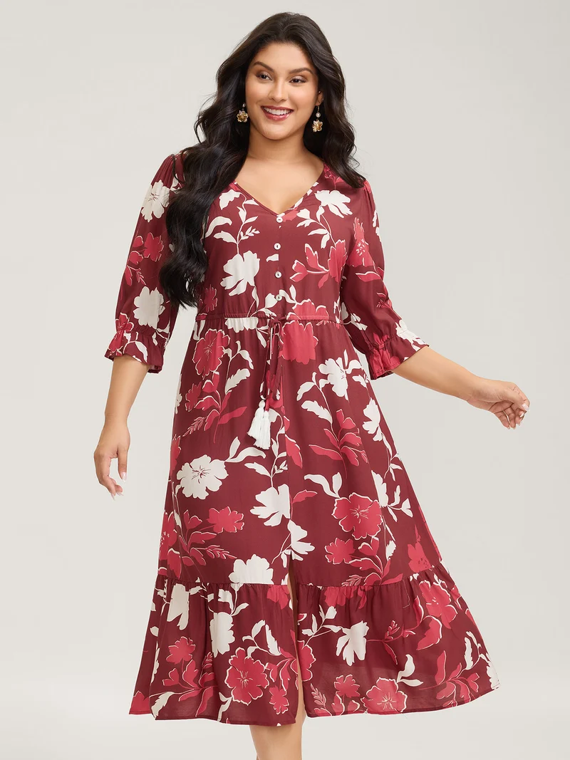 Silhouette Floral Print Waist-Drawstring Midi Dress