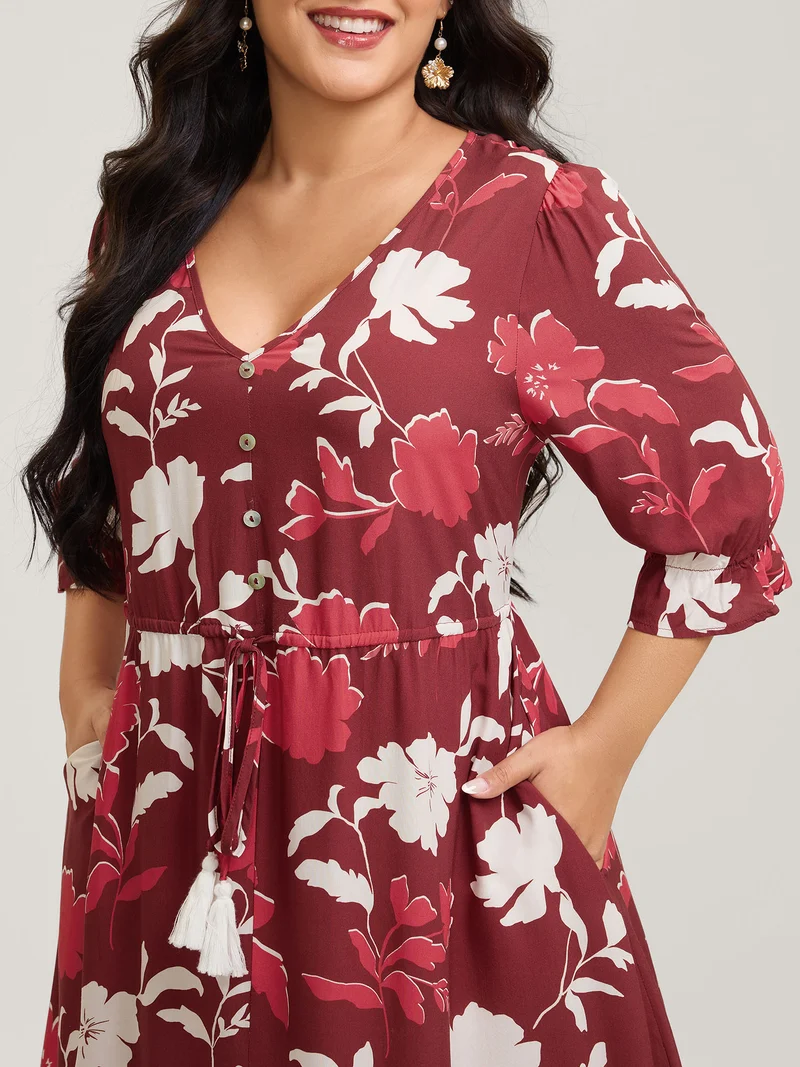 Silhouette Floral Print Waist-Drawstring Midi Dress