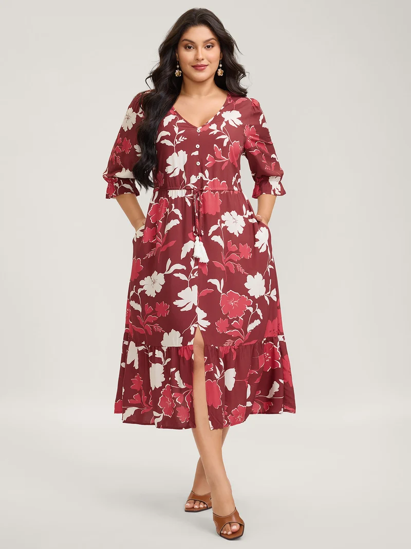 Silhouette Floral Print Waist-Drawstring Midi Dress