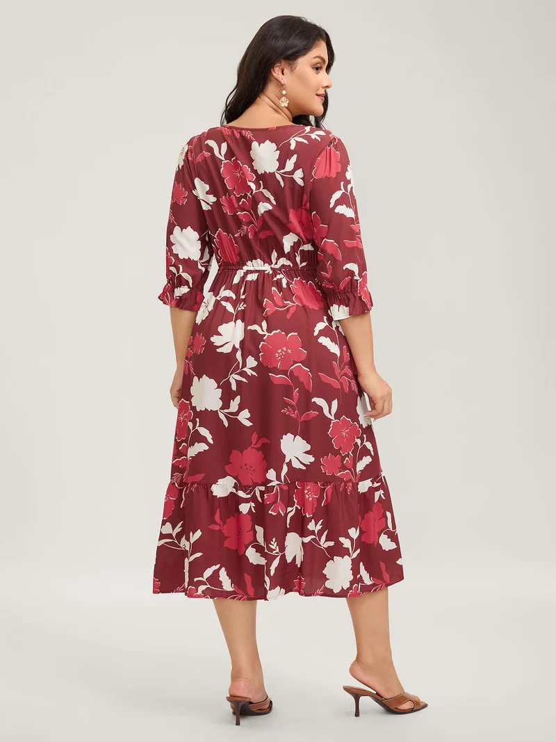 Silhouette Floral Print Waist-Drawstring Midi Dress