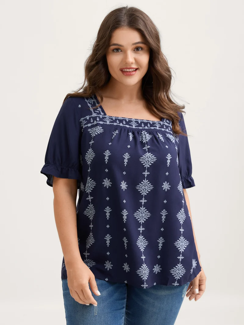 Boho Print Square Neck Blouse