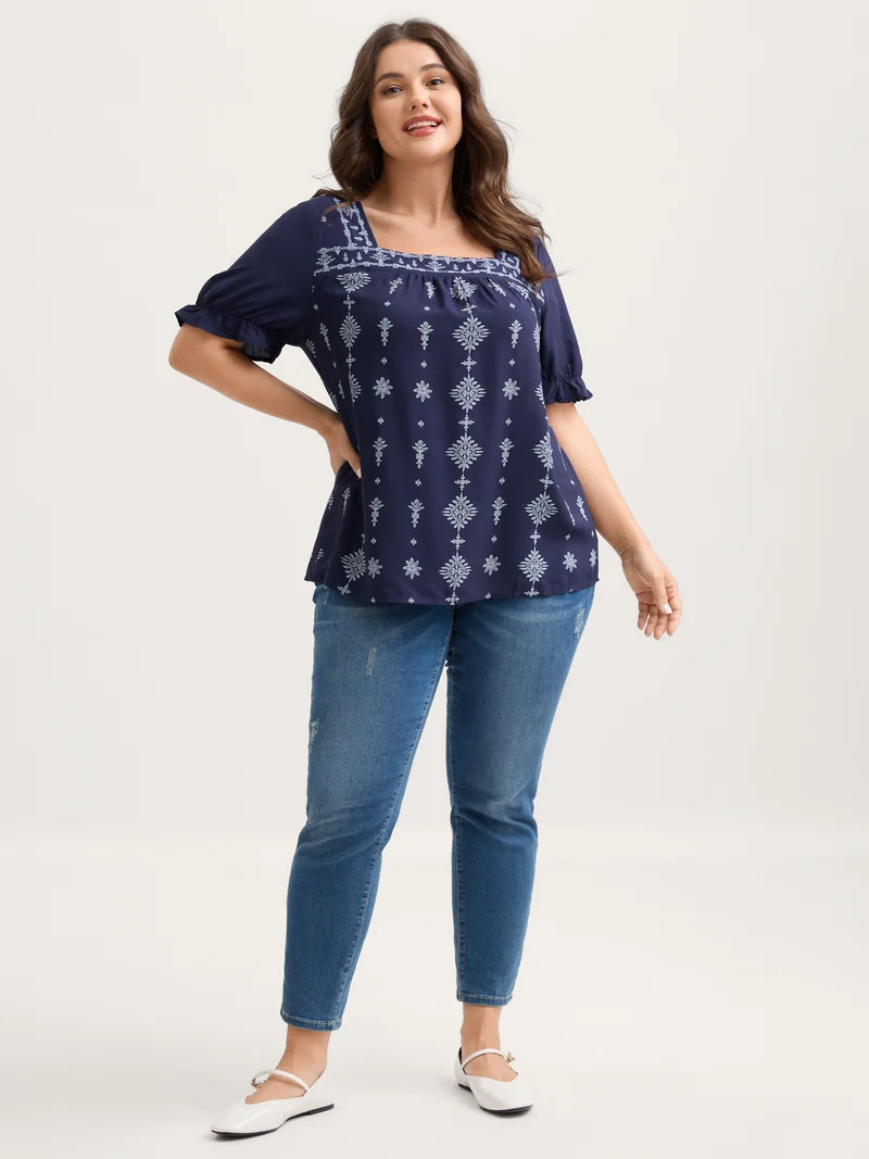 Boho Print Square Neck Blouse
