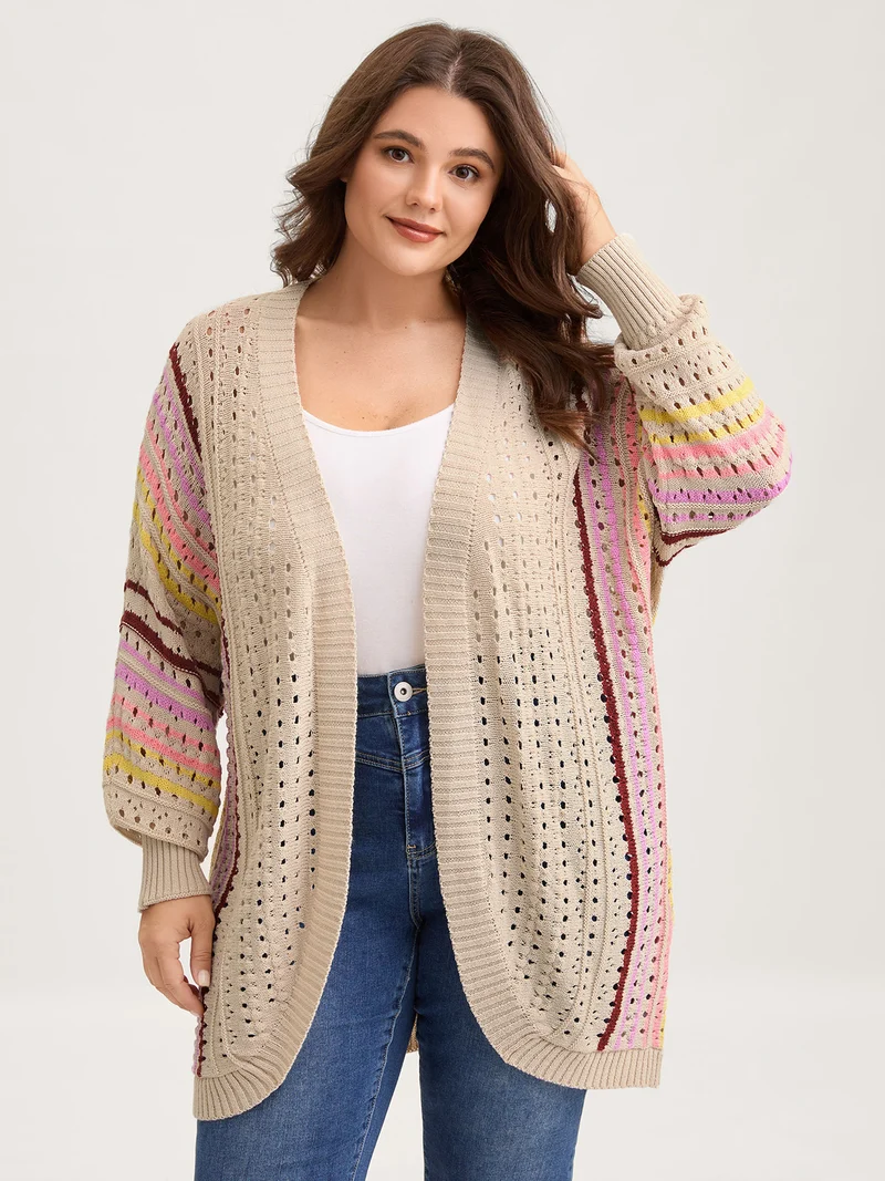 Textured Cut-Out Striped Knit Cardigan