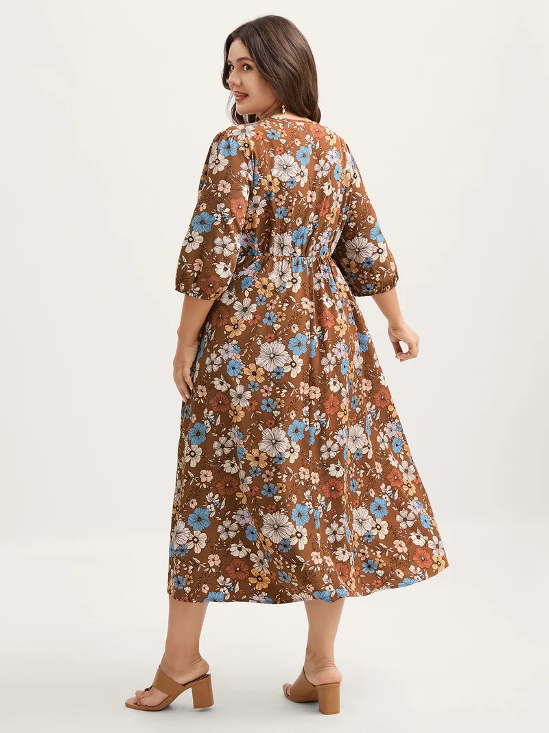 Fall Florals Lace Trim Neckline Midi Dress