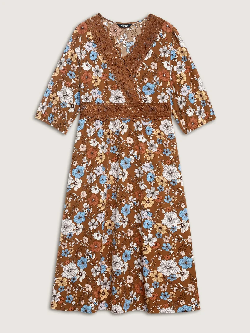 Fall Florals Lace Trim Neckline Midi Dress