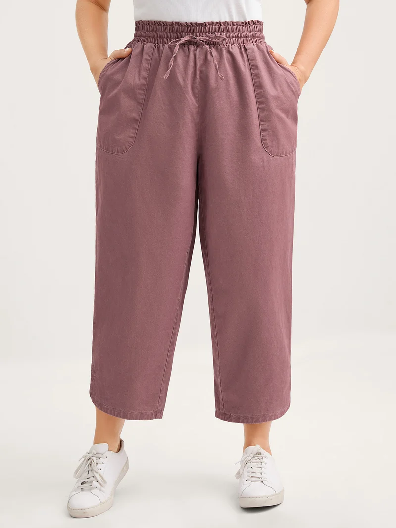 Cotton Shirred Wide Waistband Hem Slit Pants
