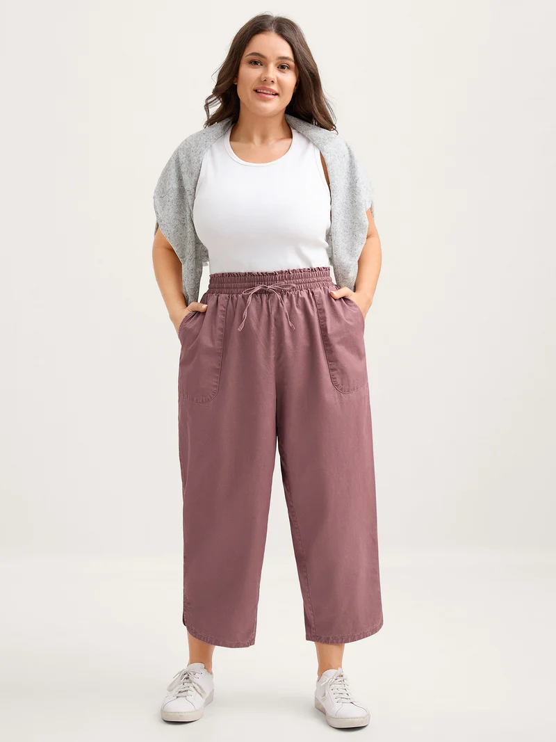 Cotton Shirred Wide Waistband Hem Slit Pants