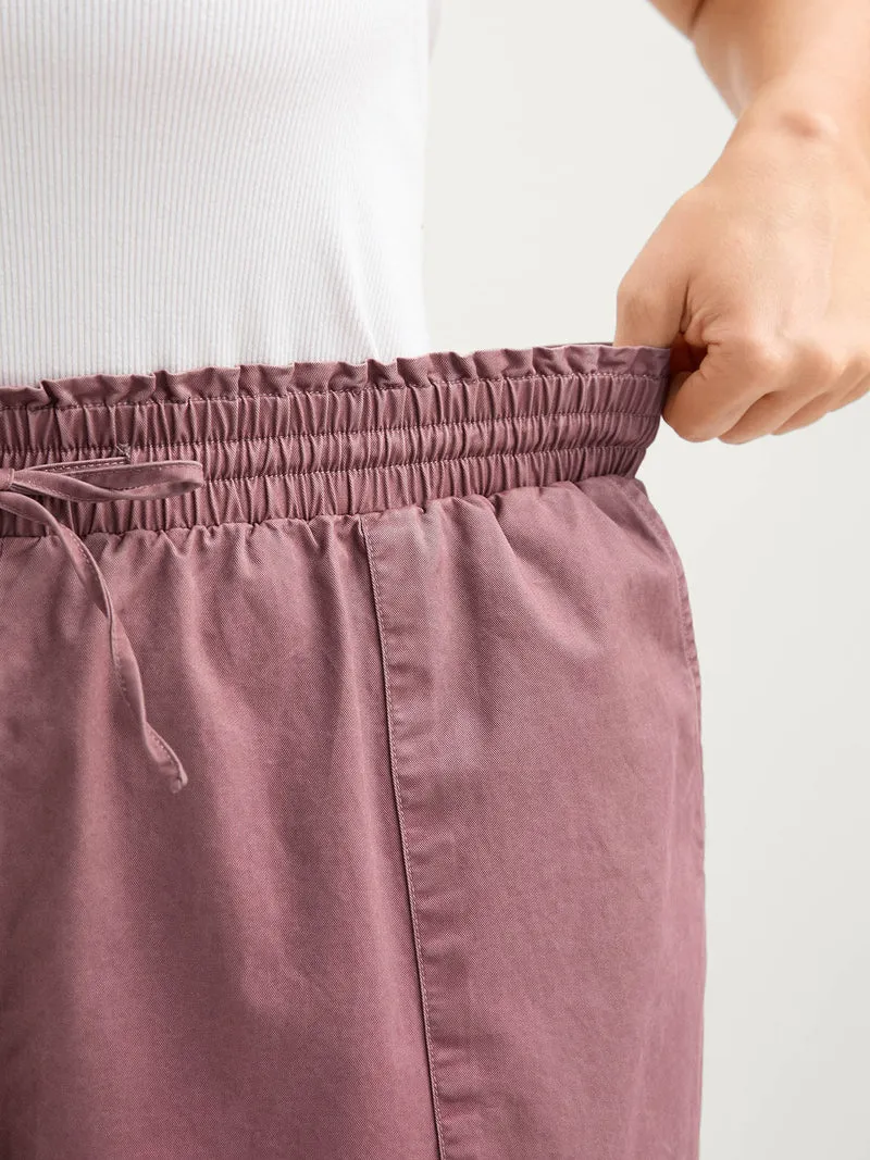 Cotton Shirred Wide Waistband Hem Slit Pants