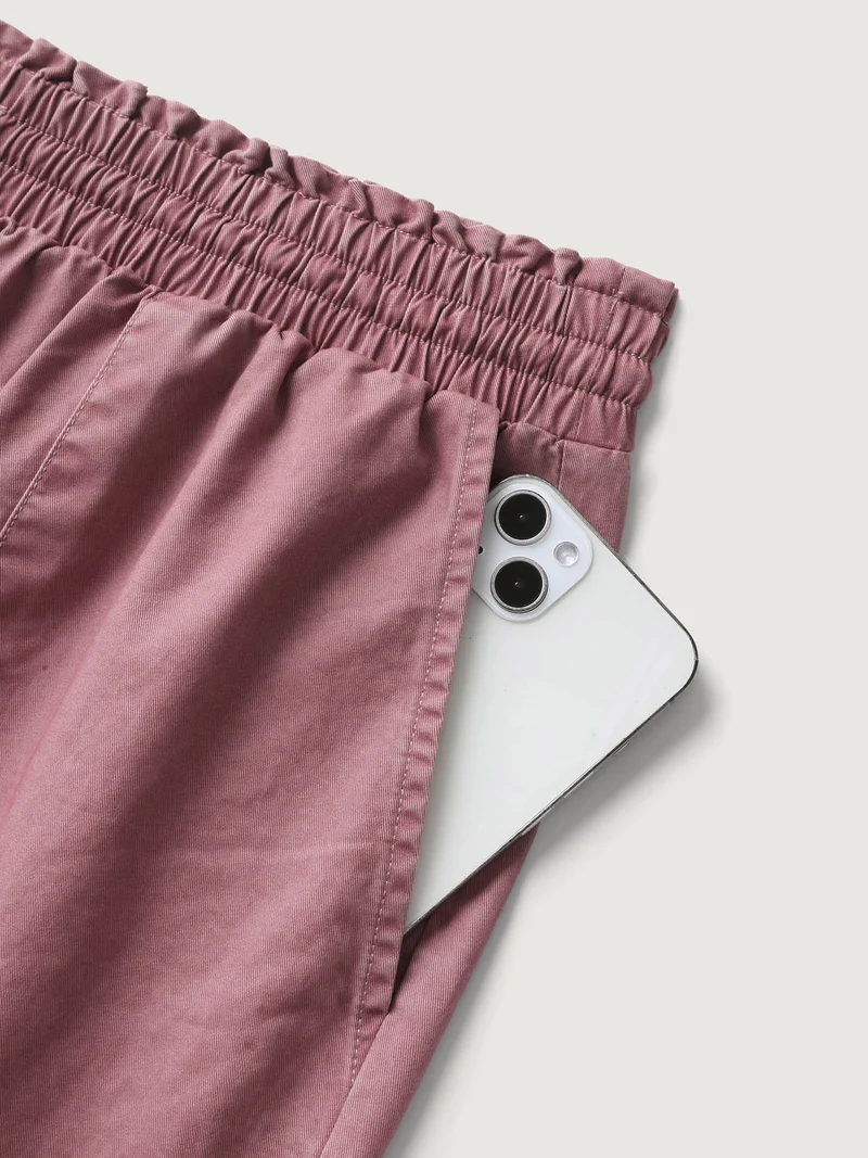 Cotton Shirred Wide Waistband Hem Slit Pants