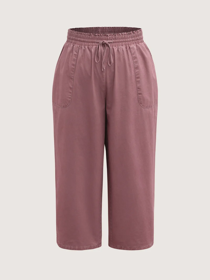 Cotton Shirred Wide Waistband Hem Slit Pants