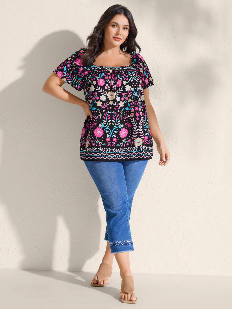 Colorful Floral Print Shirred Neck Blouse