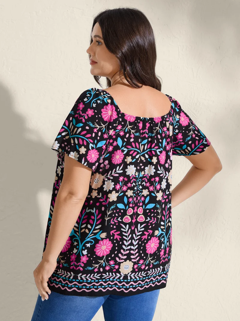 Colorful Floral Print Shirred Neck Blouse