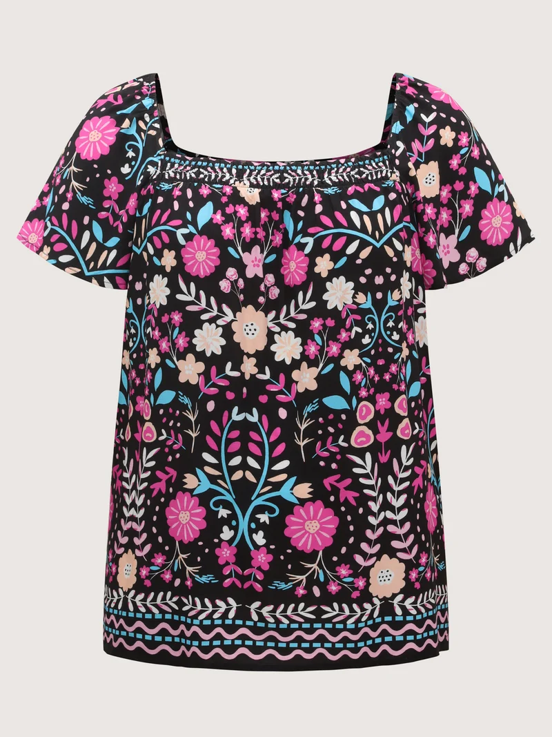 Colorful Floral Print Shirred Neck Blouse