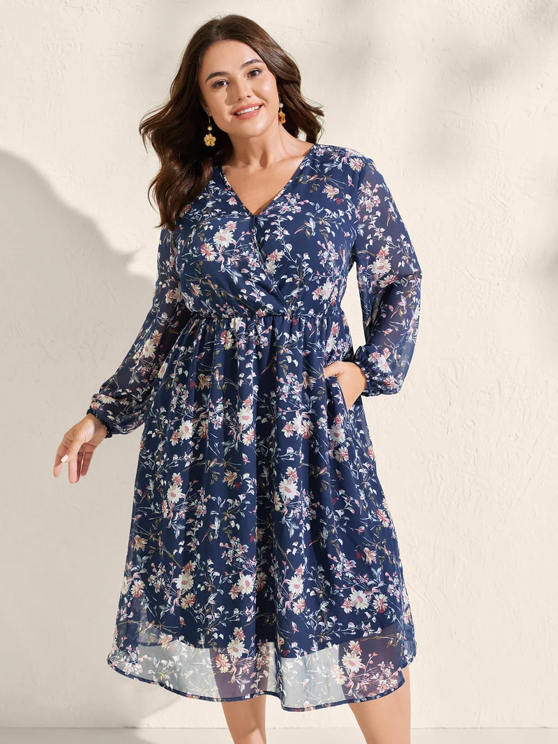Floral Print Sheer Surplice Neck Midi Dress