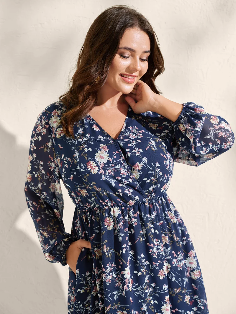 Floral Print Sheer Surplice Neck Midi Dress