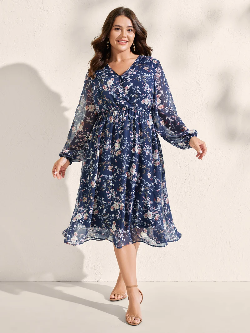 Floral Print Sheer Surplice Neck Midi Dress