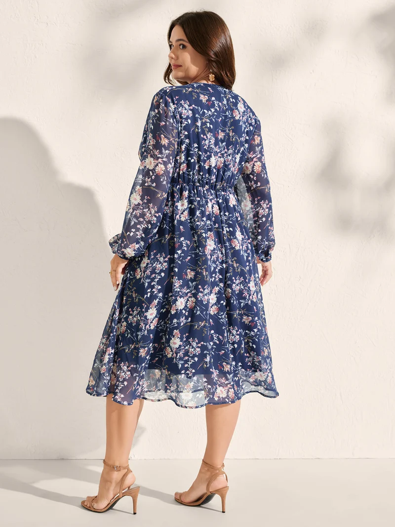 Floral Print Sheer Surplice Neck Midi Dress
