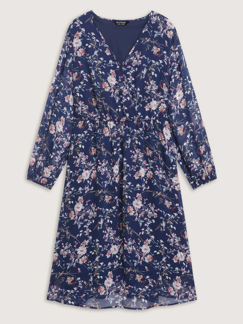 Floral Print Sheer Surplice Neck Midi Dress