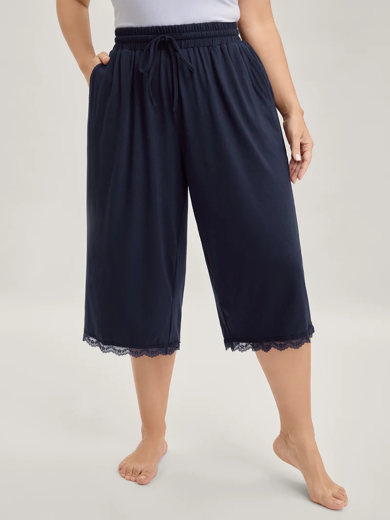 Stretchy Lace Trim Drawstring Lounge Pants
