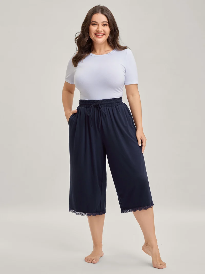 Stretchy Lace Trim Drawstring Lounge Pants