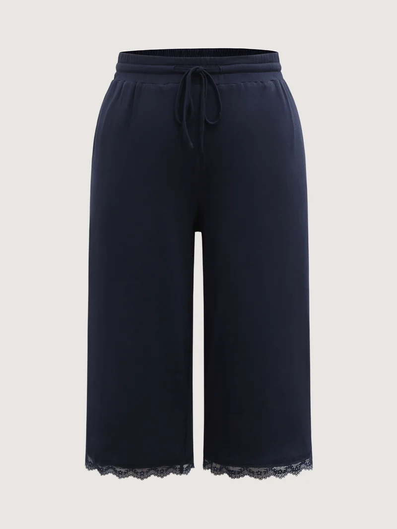 Stretchy Lace Trim Drawstring Lounge Pants