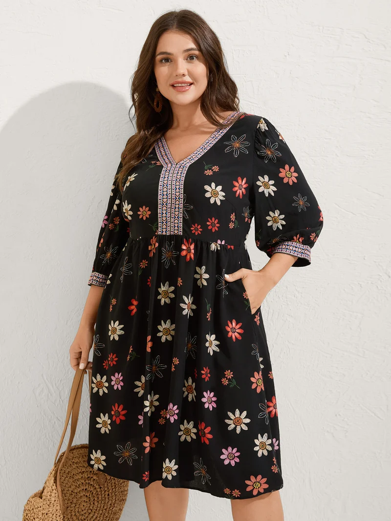 Colorful Floral Ribbon Neckline Pockets Midi Dress