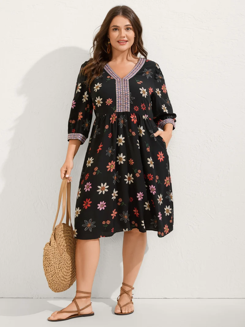 Colorful Floral Ribbon Neckline Pockets Midi Dress
