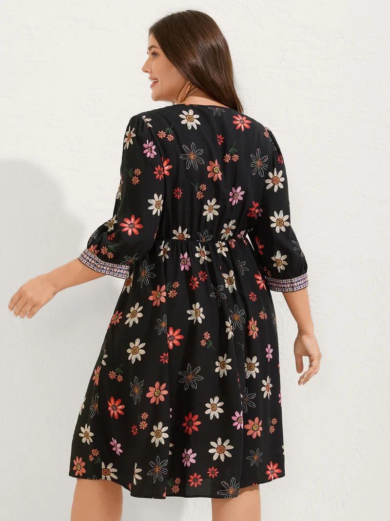 Colorful Floral Ribbon Neckline Pockets Midi Dress