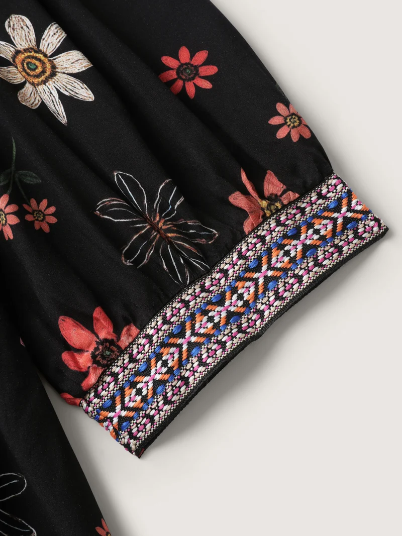 Colorful Floral Ribbon Neckline Pockets Midi Dress