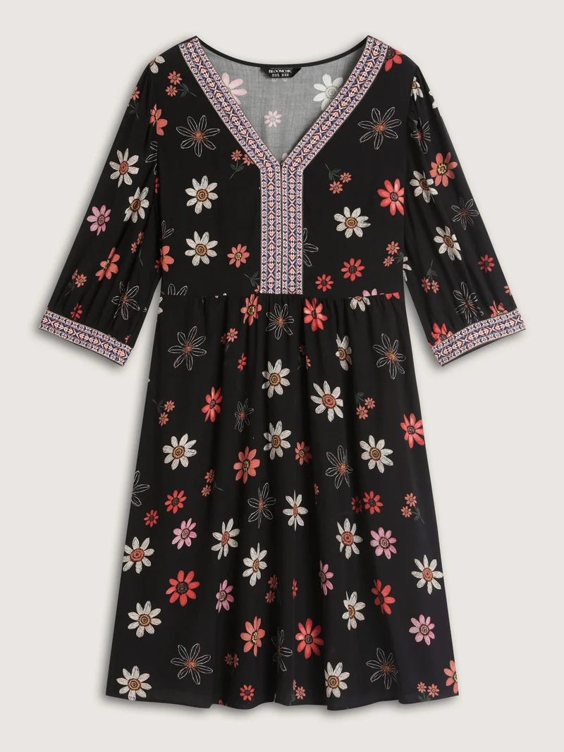 Colorful Floral Ribbon Neckline Pockets Midi Dress