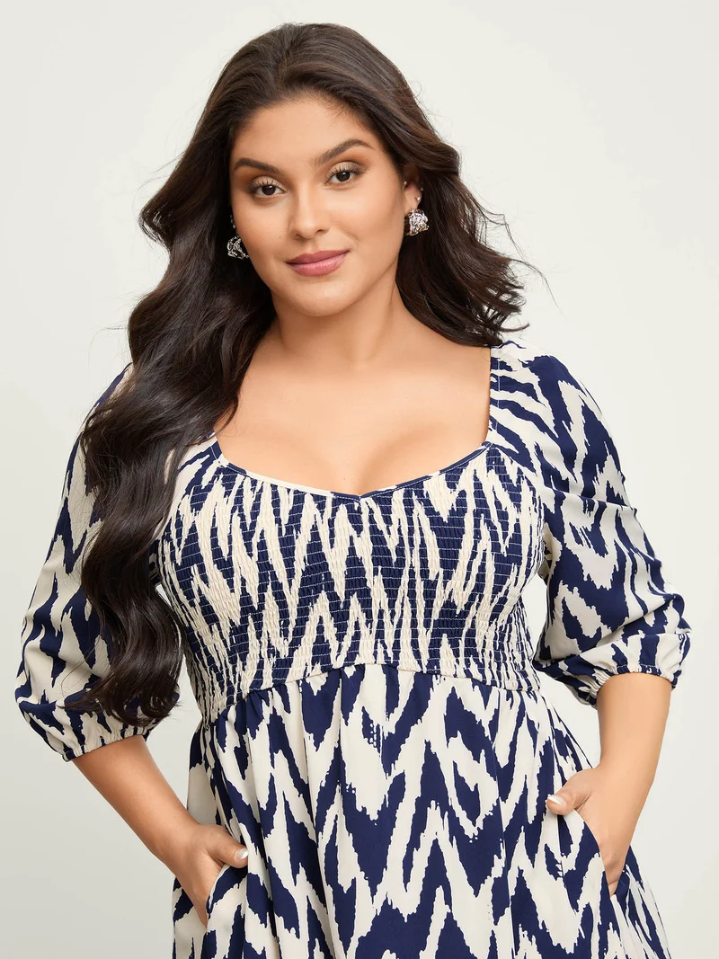 Abstract Print Shirred Puffy Sleeve Midi Dress