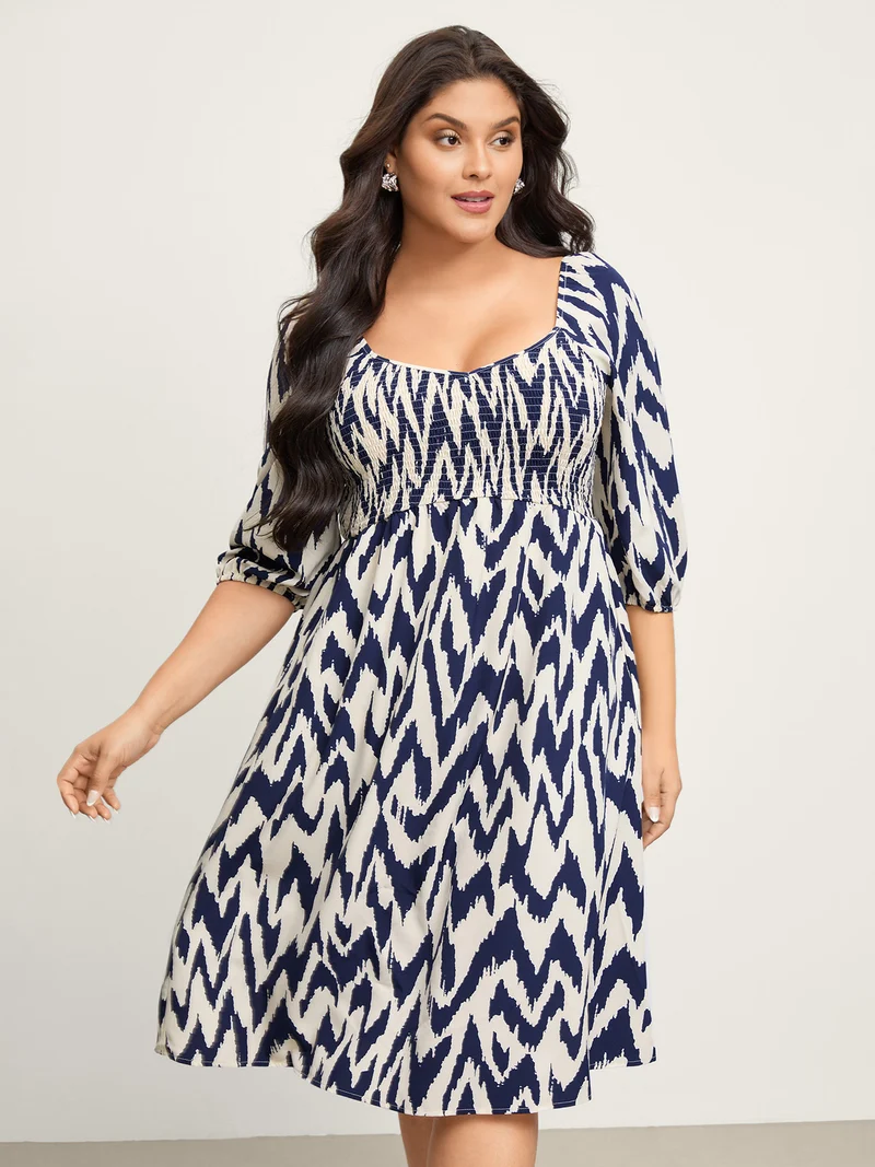 Abstract Print Shirred Puffy Sleeve Midi Dress