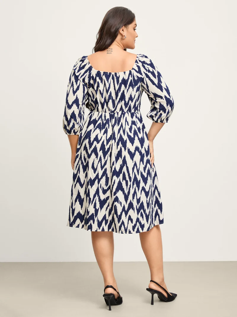Abstract Print Shirred Puffy Sleeve Midi Dress