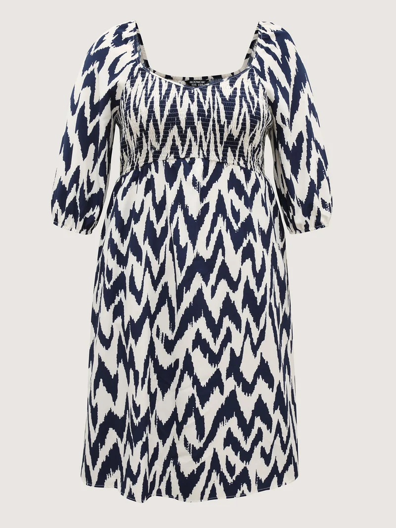 Abstract Print Shirred Puffy Sleeve Midi Dress