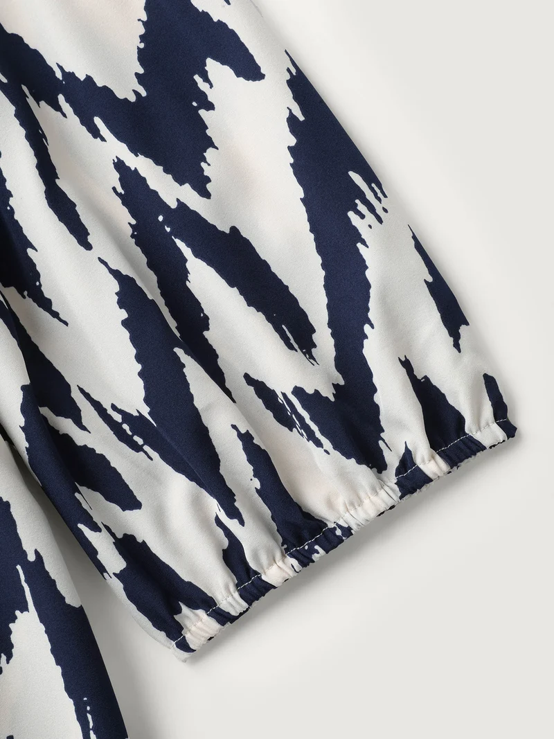 Abstract Print Shirred Puffy Sleeve Midi Dress
