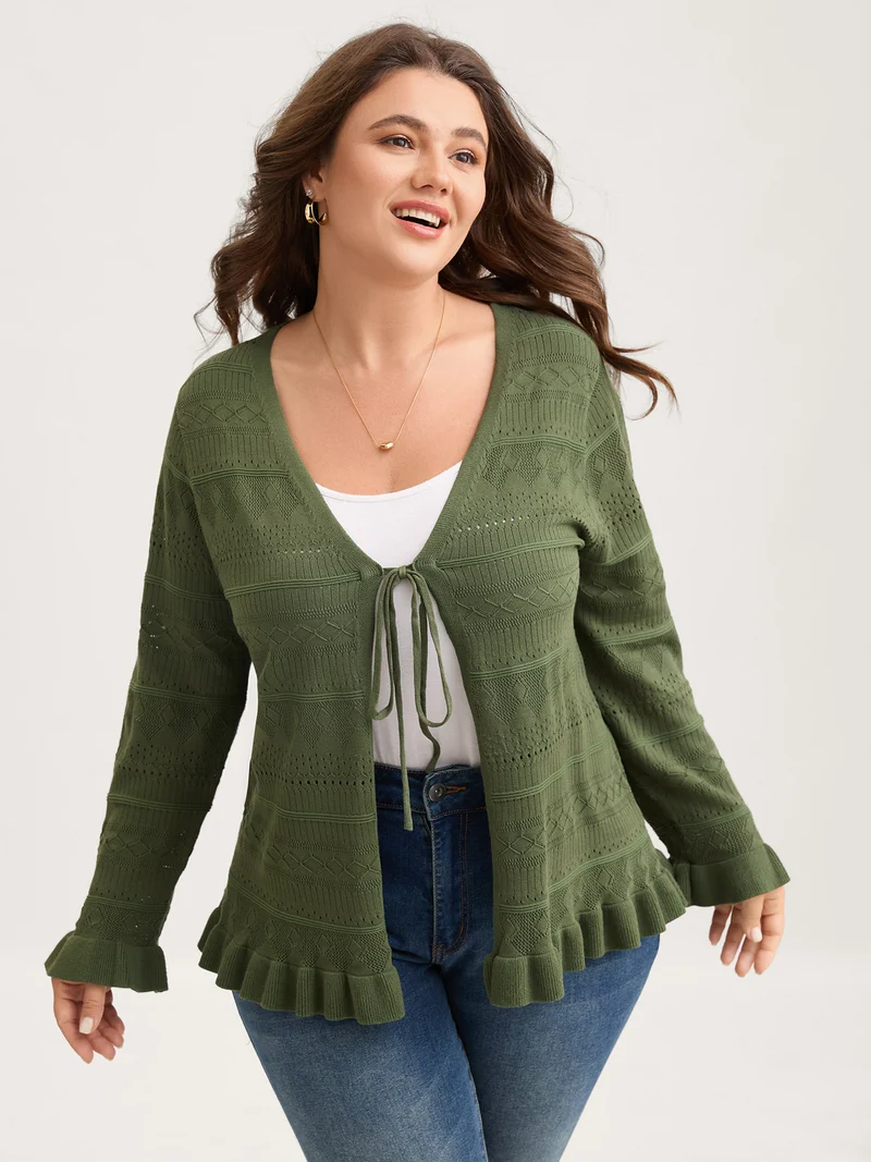 Ruffled Hem Front Tie Textured Lightweight Cardigan