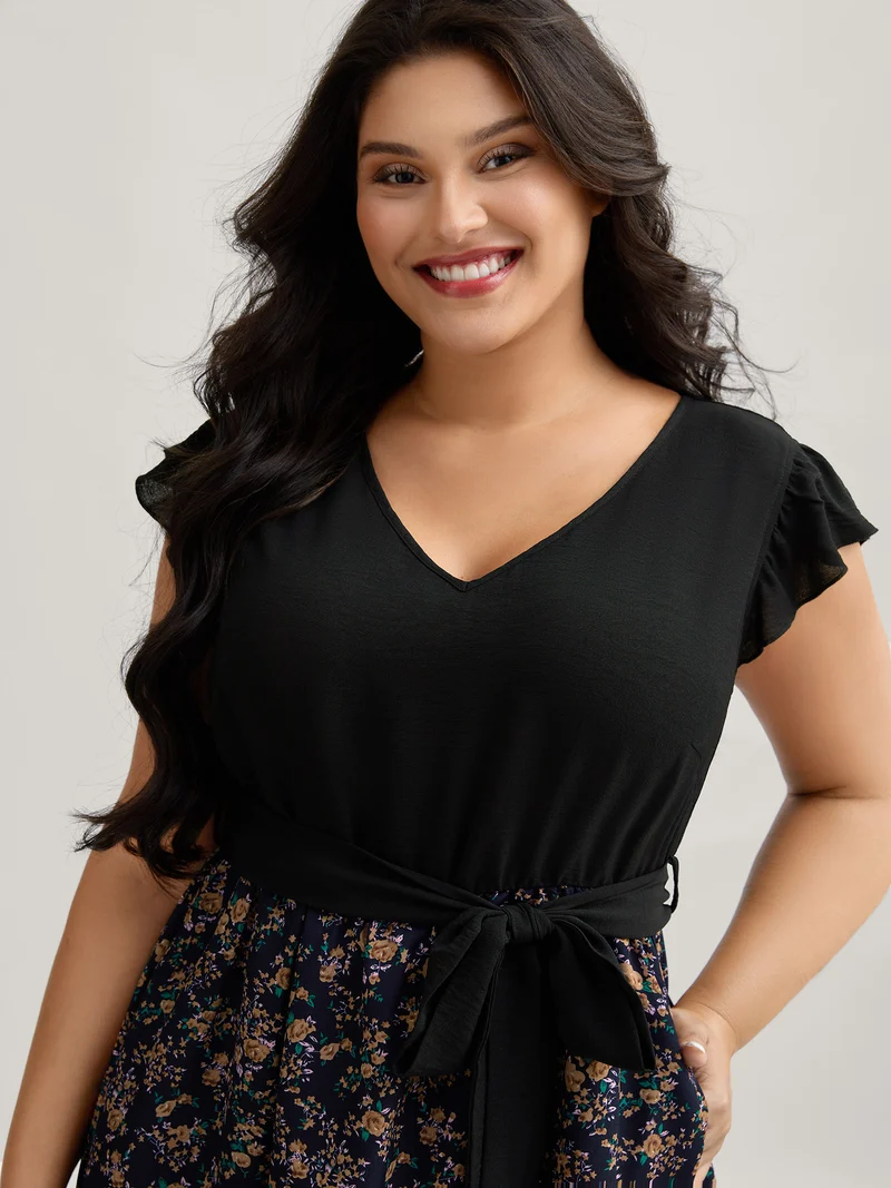 Floral Print Waist-Tie Ruffled Midi Dress