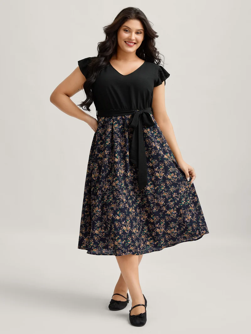 Floral Print Waist-Tie Ruffled Midi Dress