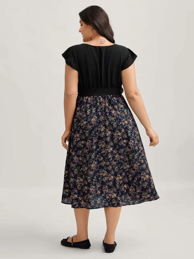 Floral Print Waist-Tie Ruffled Midi Dress