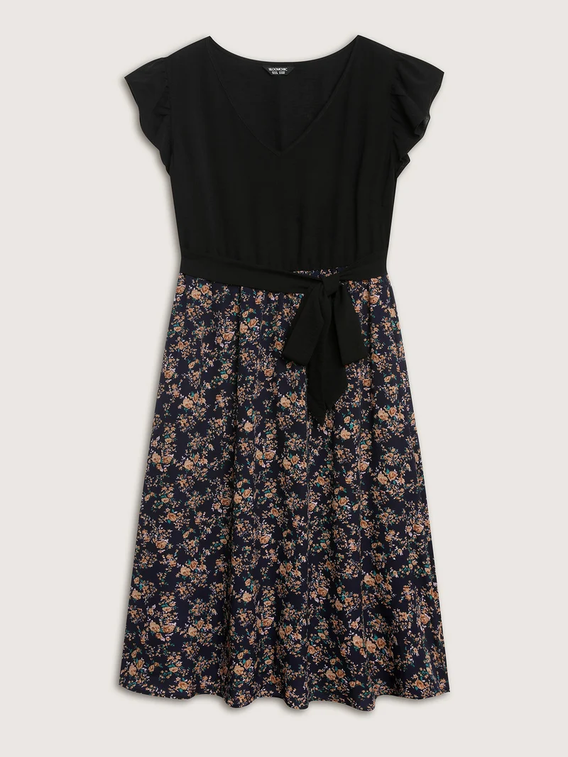 Floral Print Waist-Tie Ruffled Midi Dress