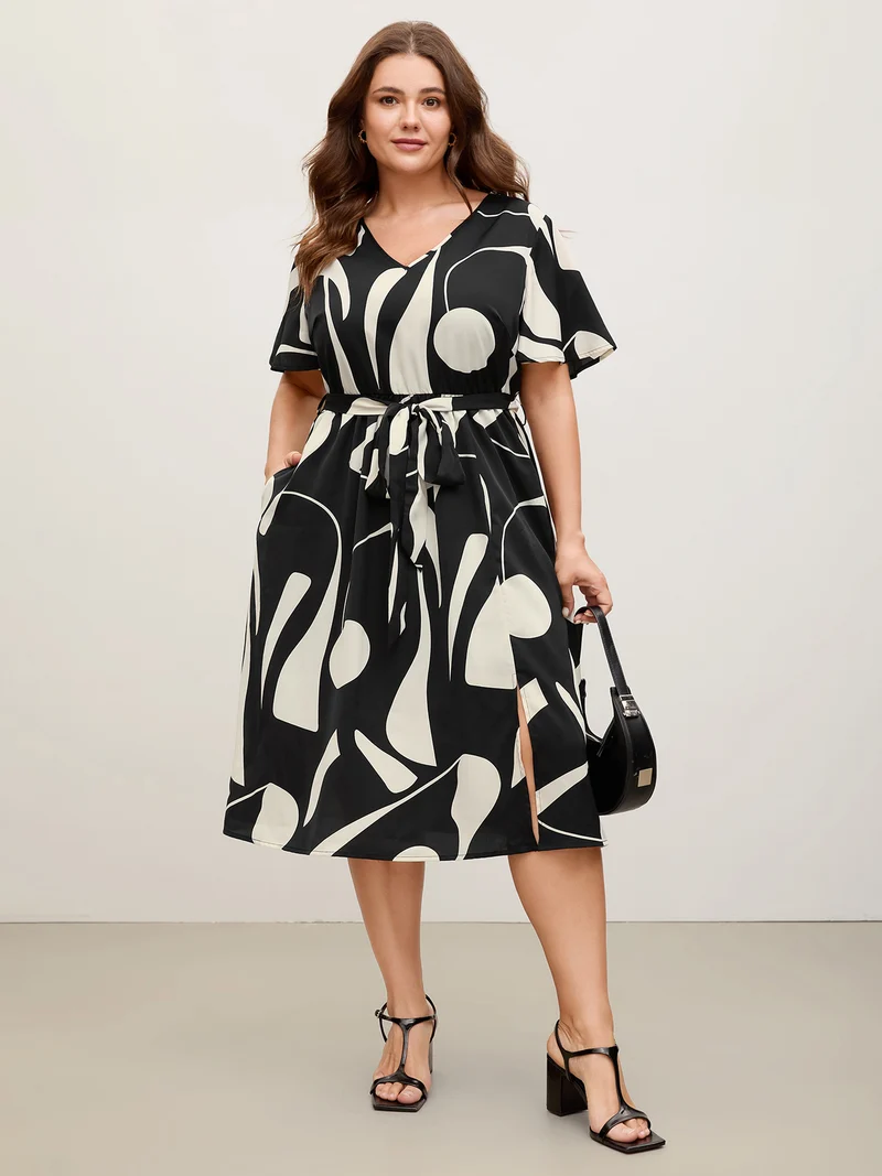 Floral Print Belted V-Neck Midi Dress