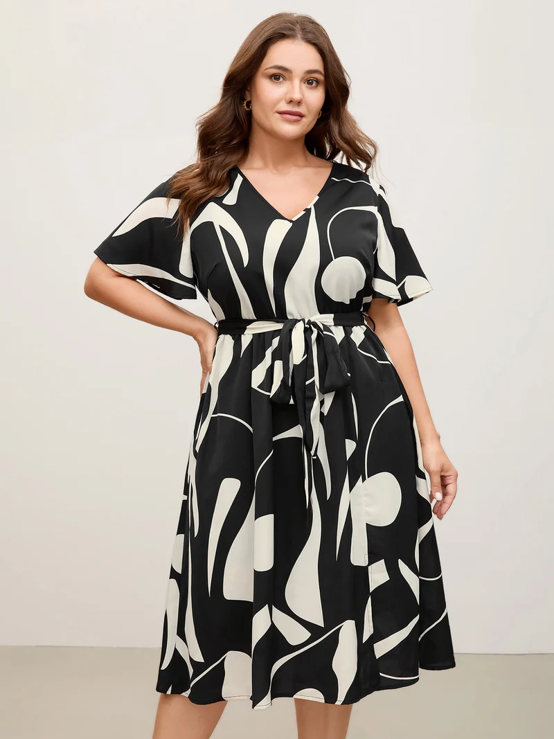 Floral Print Belted V-Neck Midi Dress