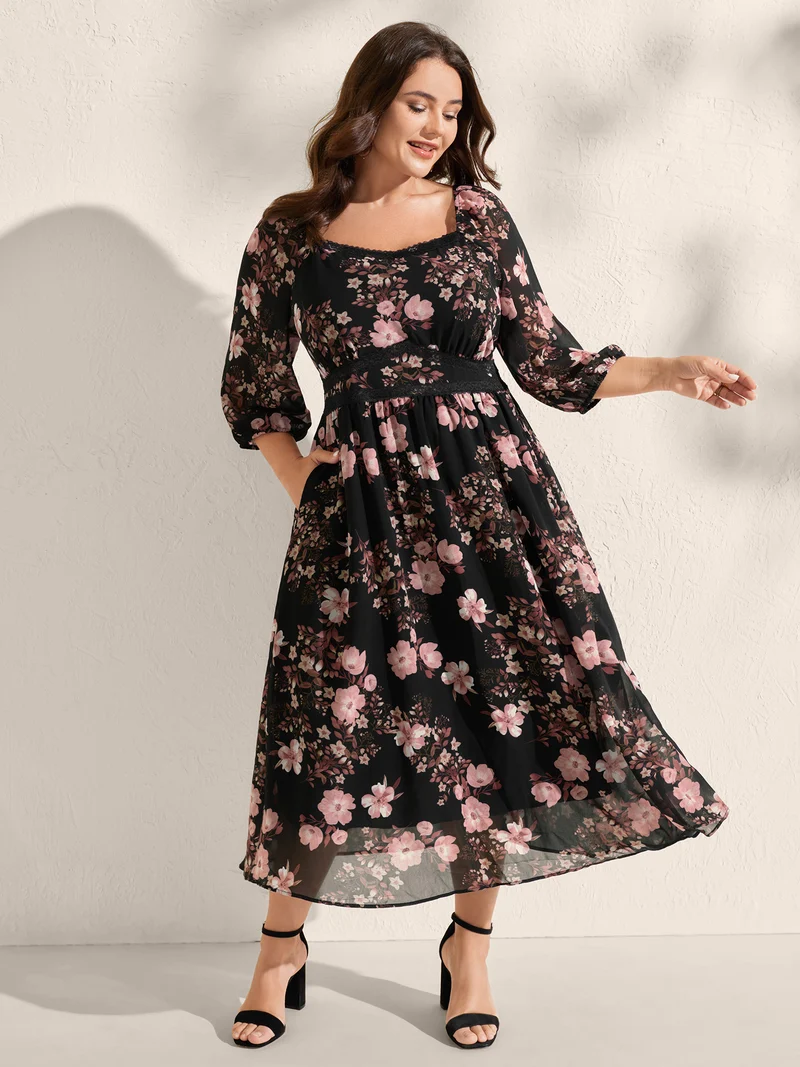 Chiffon Floral Print Lace Trim Midi Dress