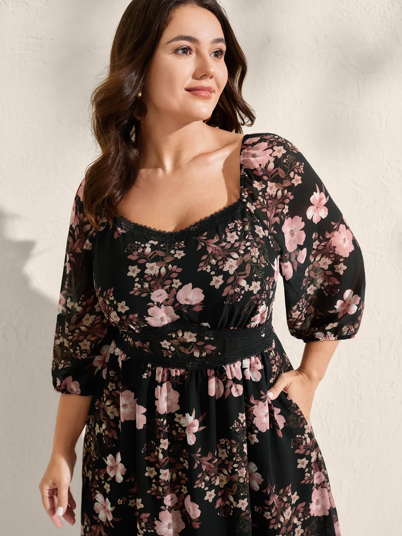 Chiffon Floral Print Lace Trim Midi Dress