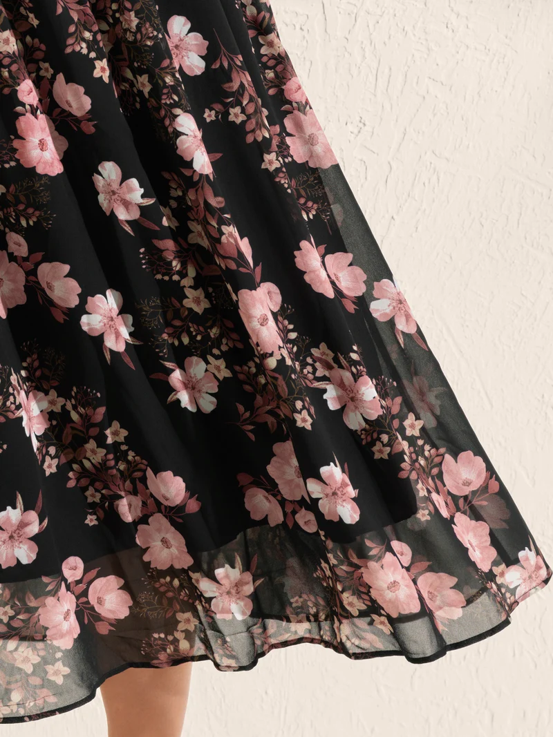 Chiffon Floral Print Lace Trim Midi Dress
