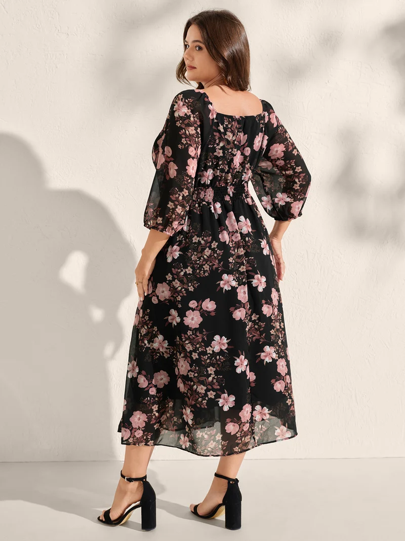 Chiffon Floral Print Lace Trim Midi Dress